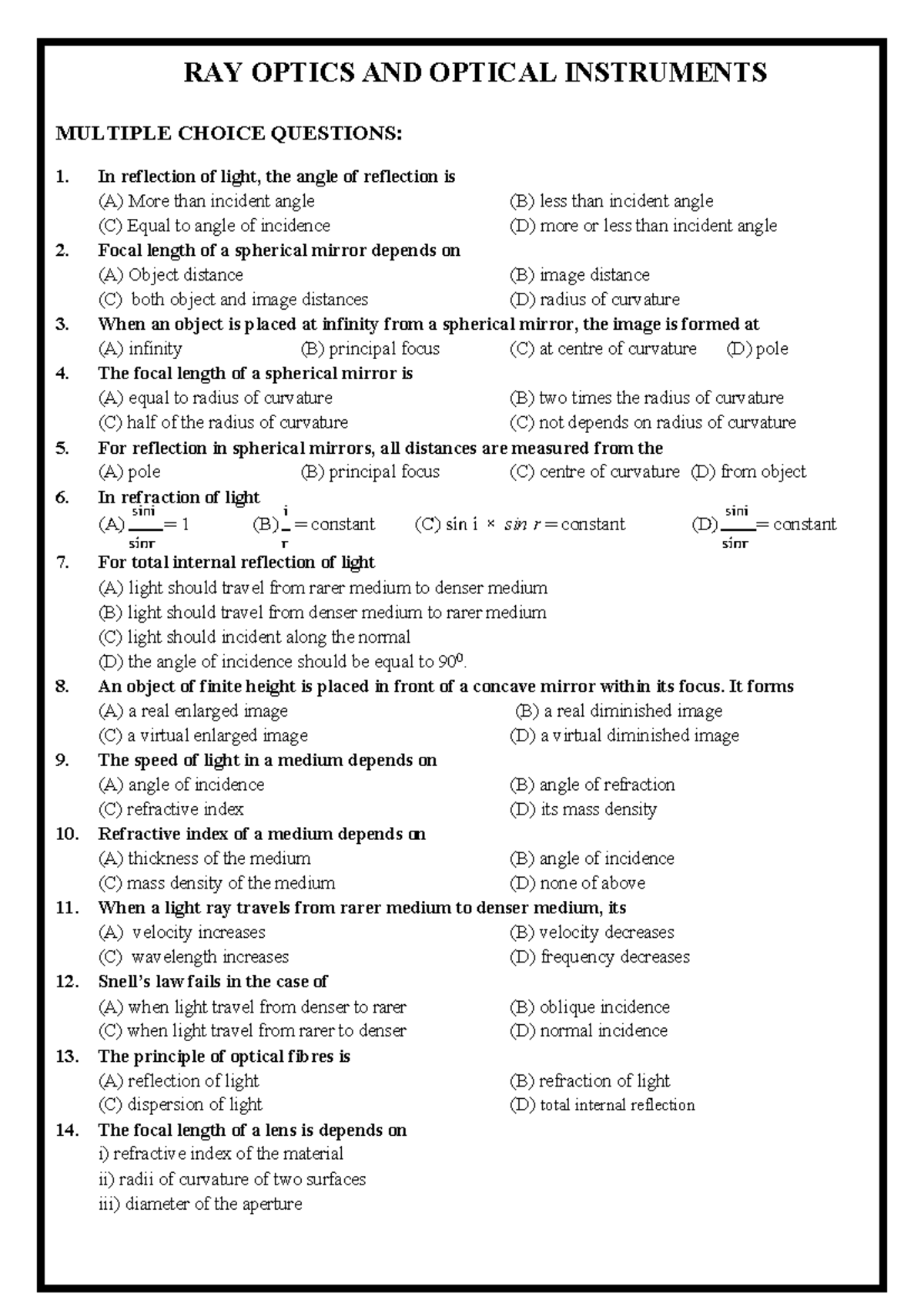 RAY Optics & Optical Instruments MCQs and Key Concepts - Studocu