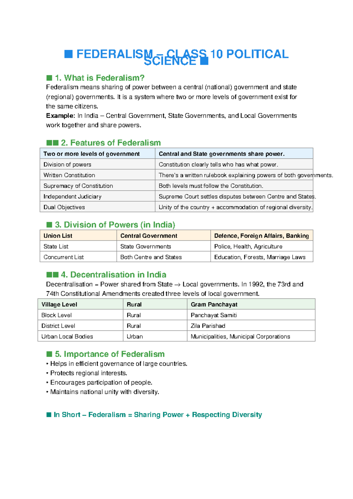 Federalism Class 10 Political Science: Concept Notes & Features - Studocu