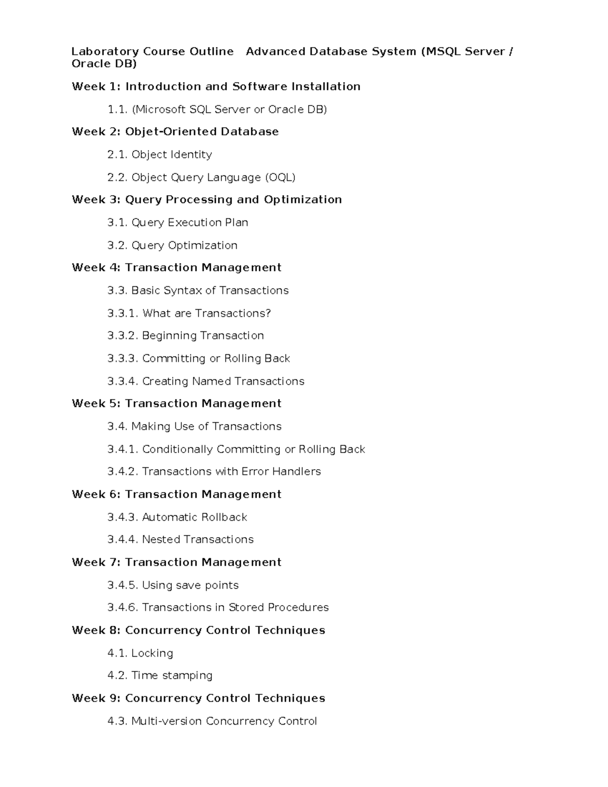 Laboratory Course Outline: Advanced Database Systems (DB 101) - Studocu