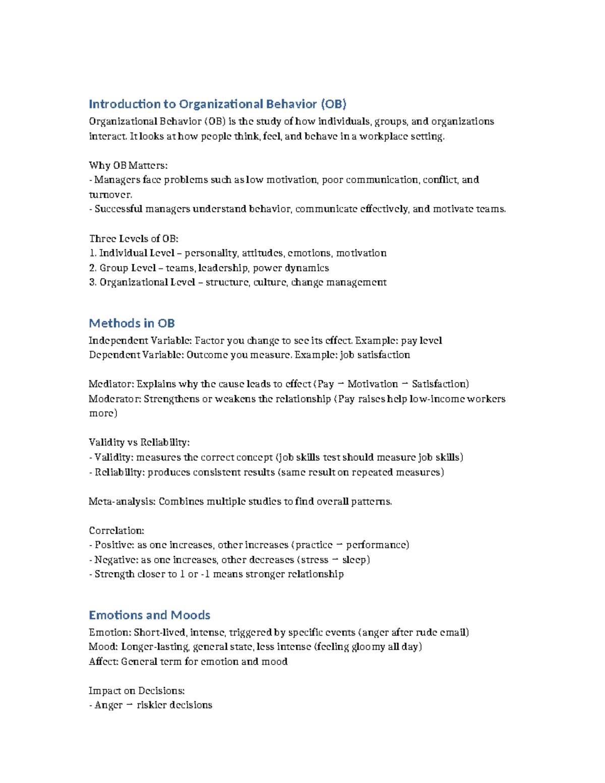 Organizational Behavior (OB) Overview - Final Exam Prep Guide - Studocu