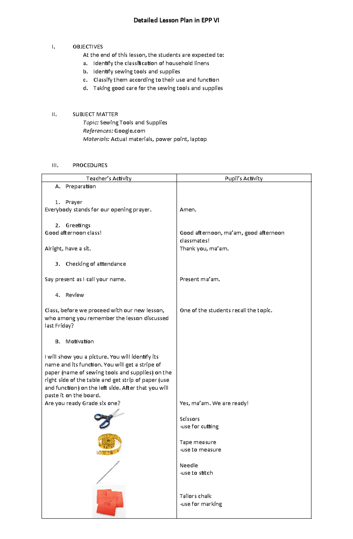 Detailed Lesson Plan: Sewing Tools & Supplies in EPP VI - Studocu