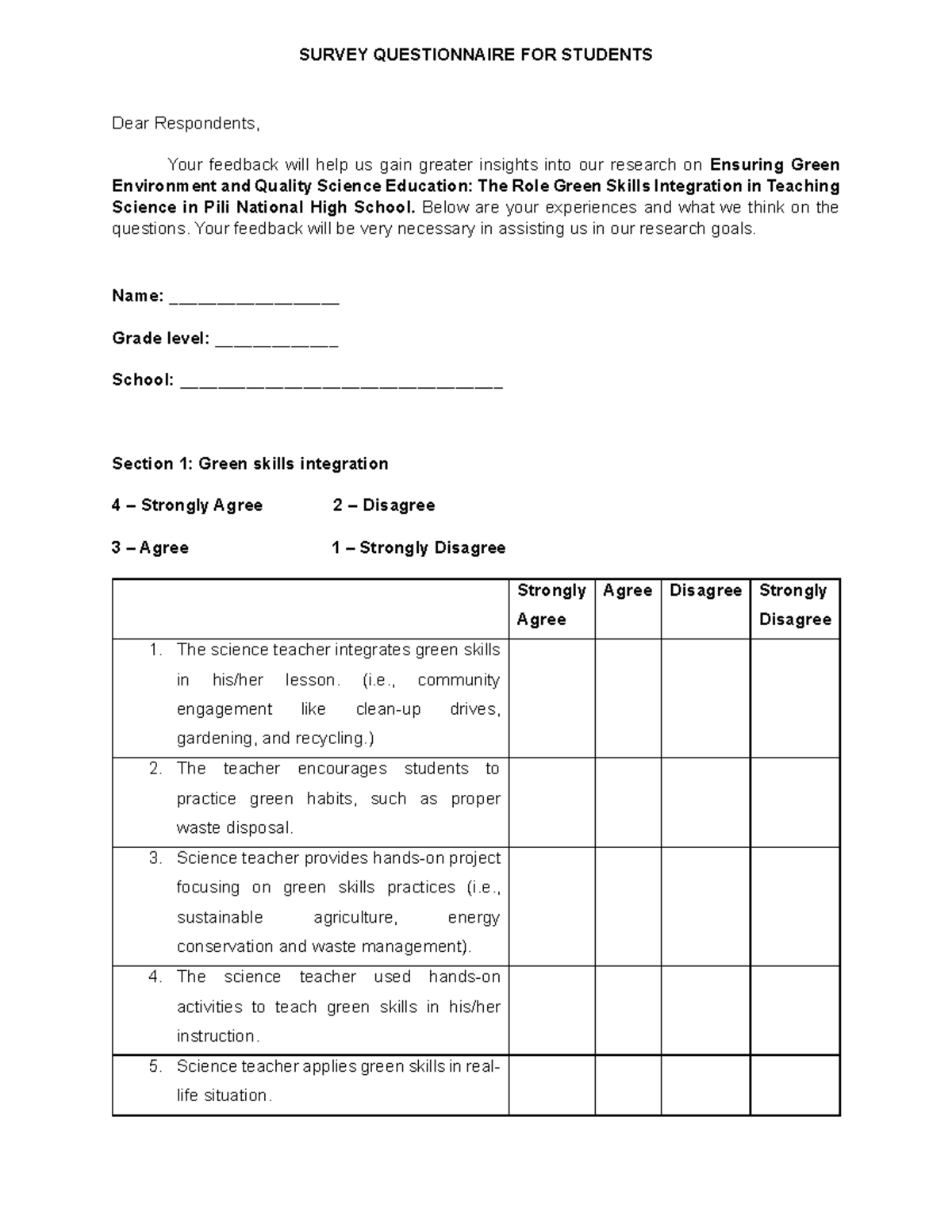 Survey Questionnaire on Green Skills Integration in Science Education ...