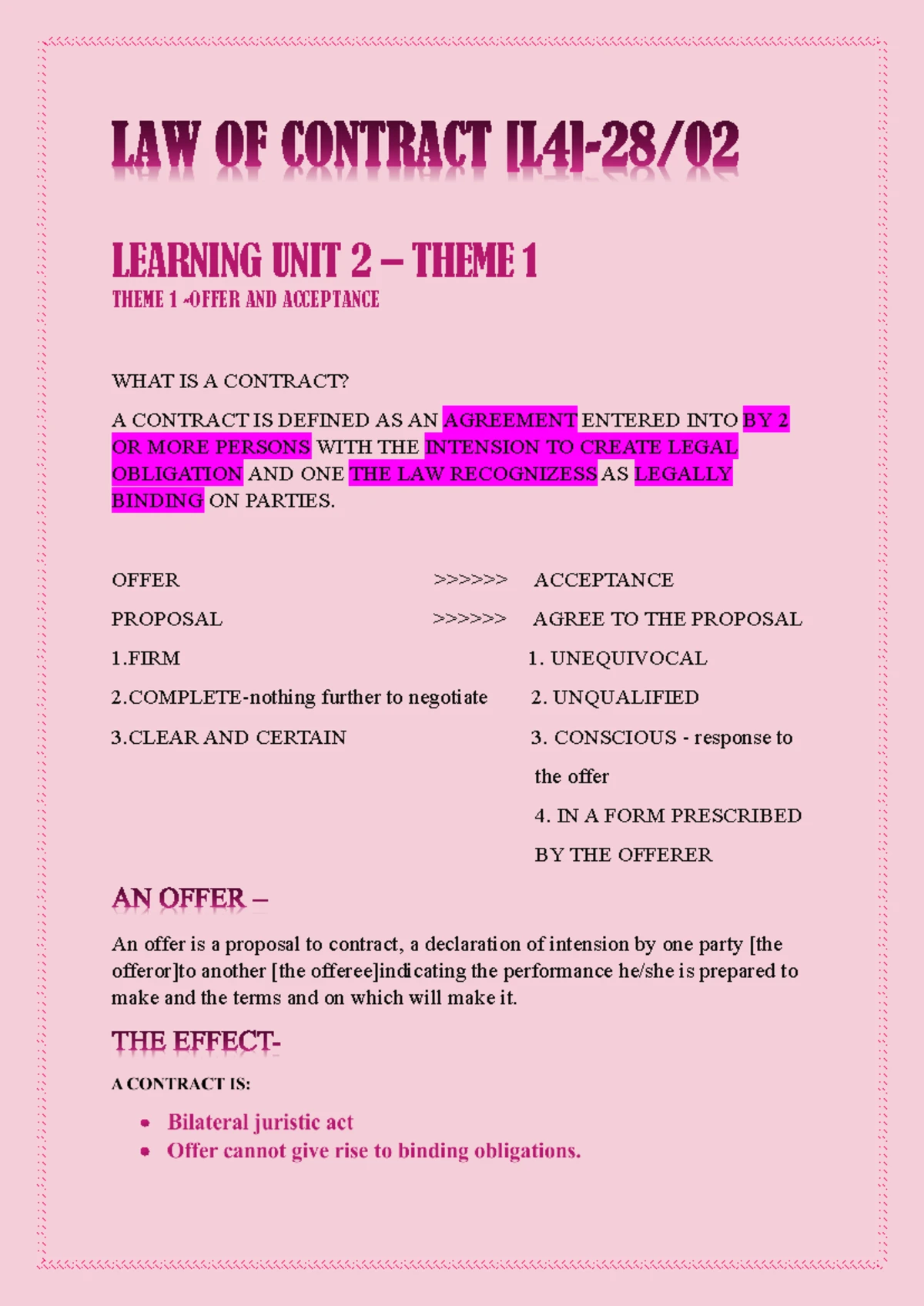 LACO - LU1 Theme 1 - Lecture Notes - LAW OF CONTRACT NOTES: Learning ...