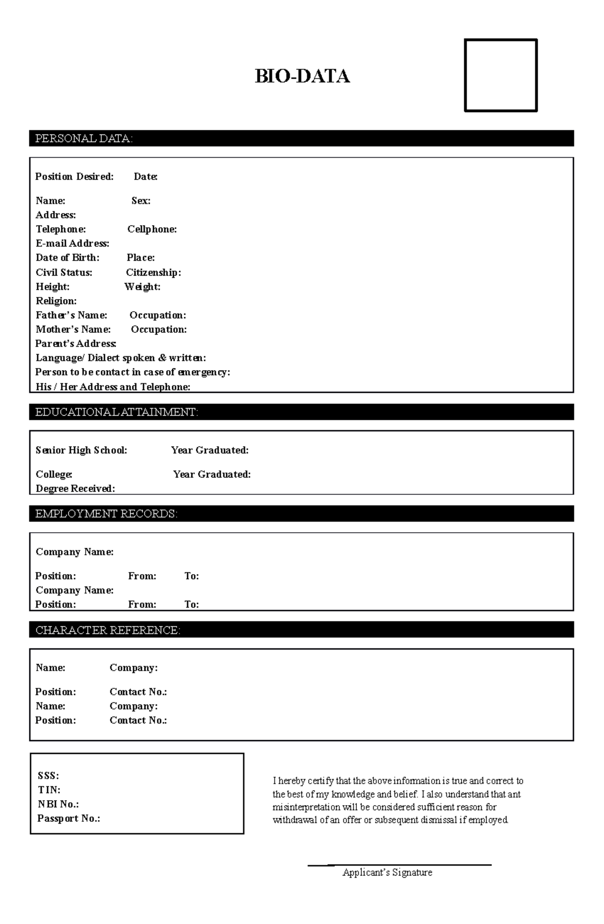 Biodata Template for Job Application: Personal & Employment Info - Studocu