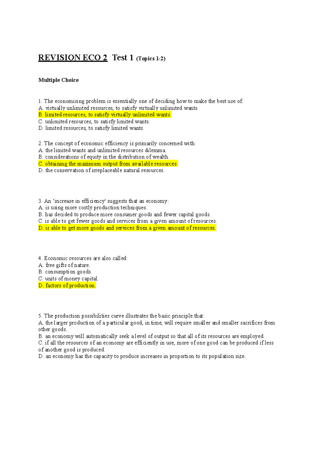 Revision ECO 2 Test 1: Key Concepts and Multiple Choice Questions - Studocu