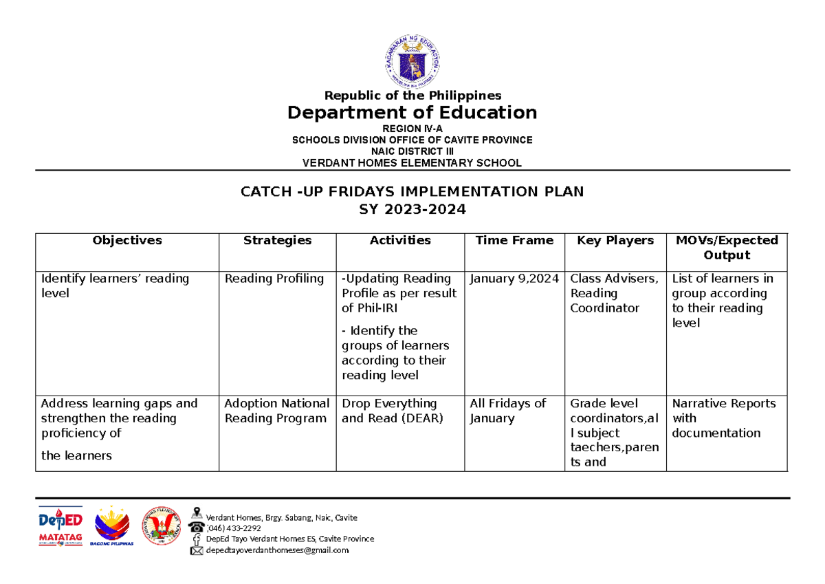 Catch Up Friday Implementation Plan - Verdant Homes, Brgy. Sabang, Naic ...