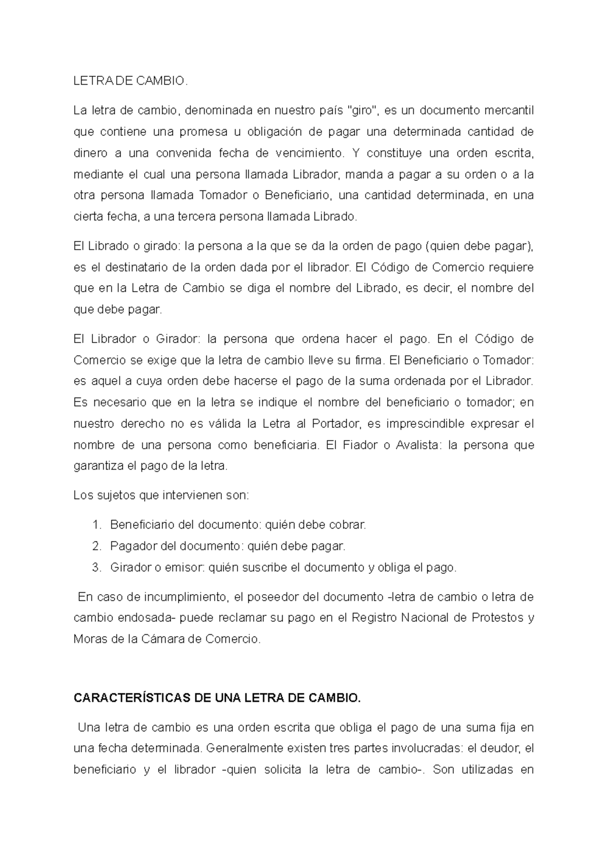 Informe - Letra de Cambio: Conceptos y Características Esenciales - Studocu