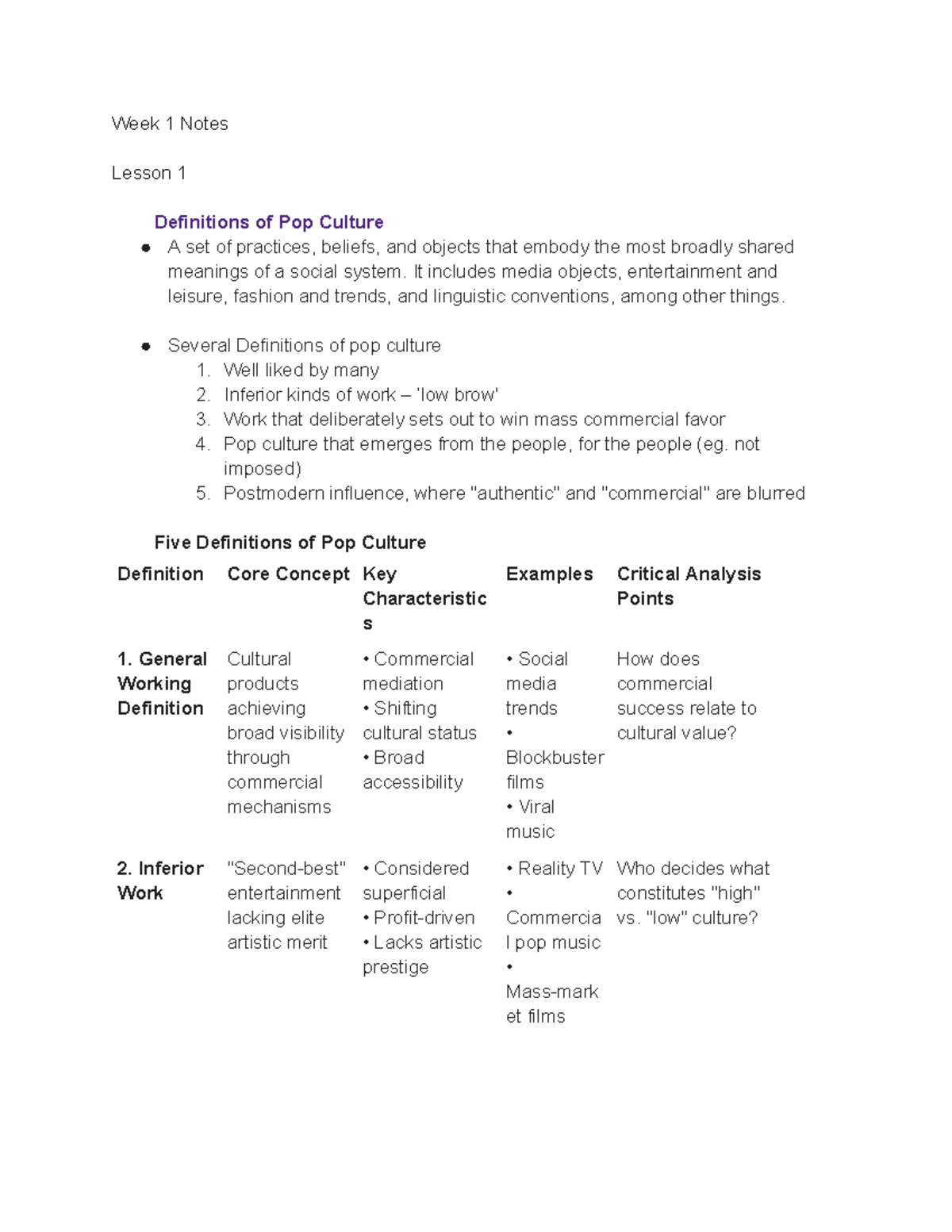 Week 1 Notes: Defining Pop Culture and Its Implications - Studocu