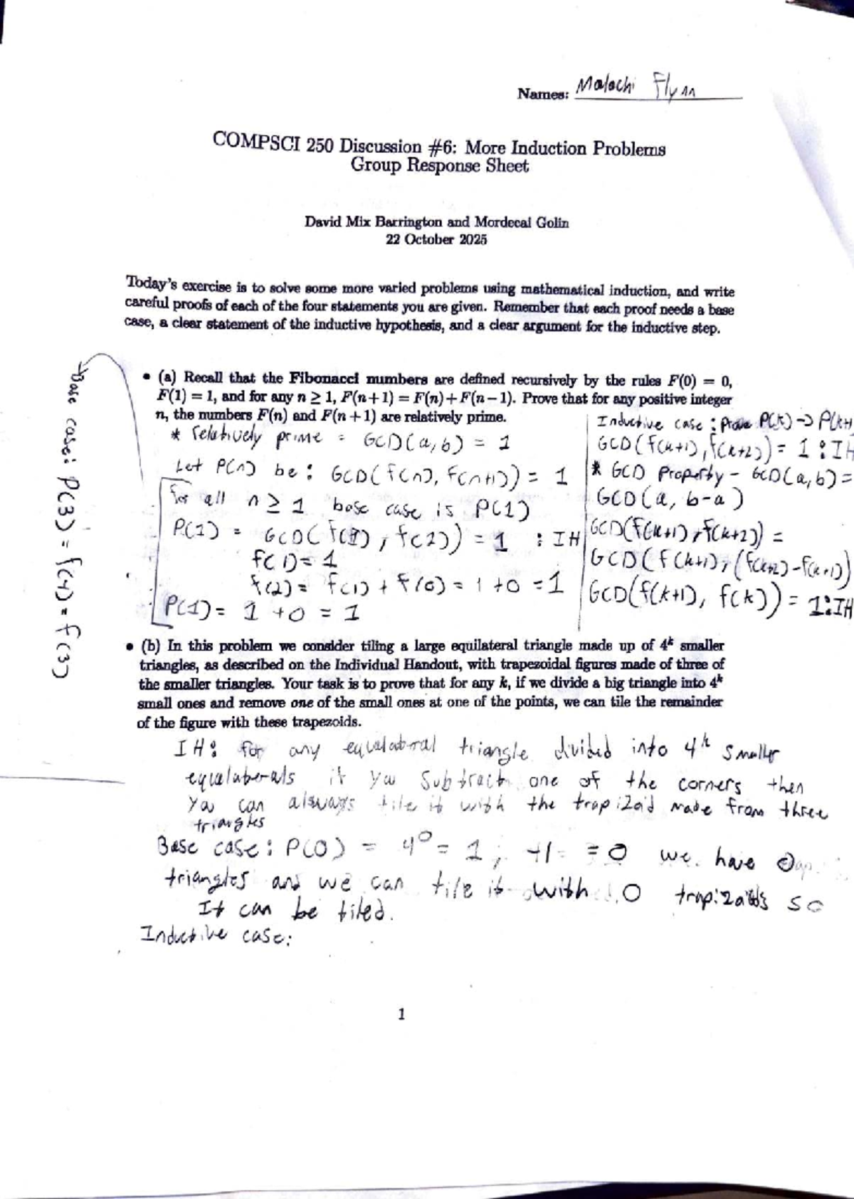 COMPSCI 250 Discussion: Induction Problems Group Response - Studocu