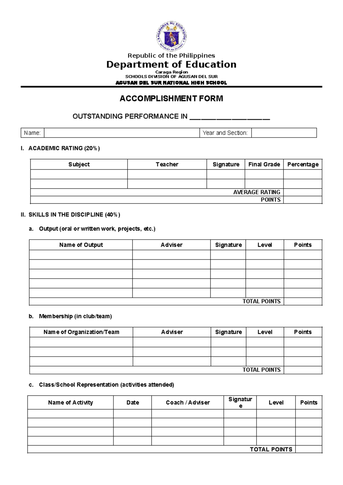 Accomplishment Form for Specific Disciplines - Agusan Del Sur National ...