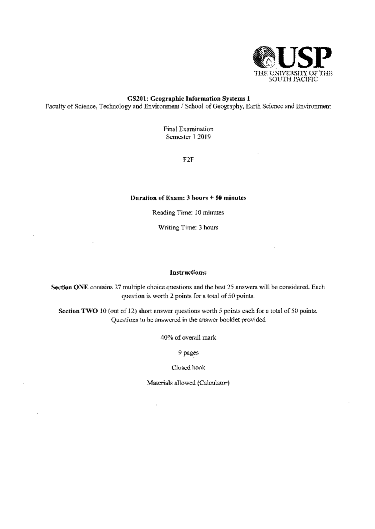 GS201: Geographic Information Systems I Final Exam Semester 1 2019 ...