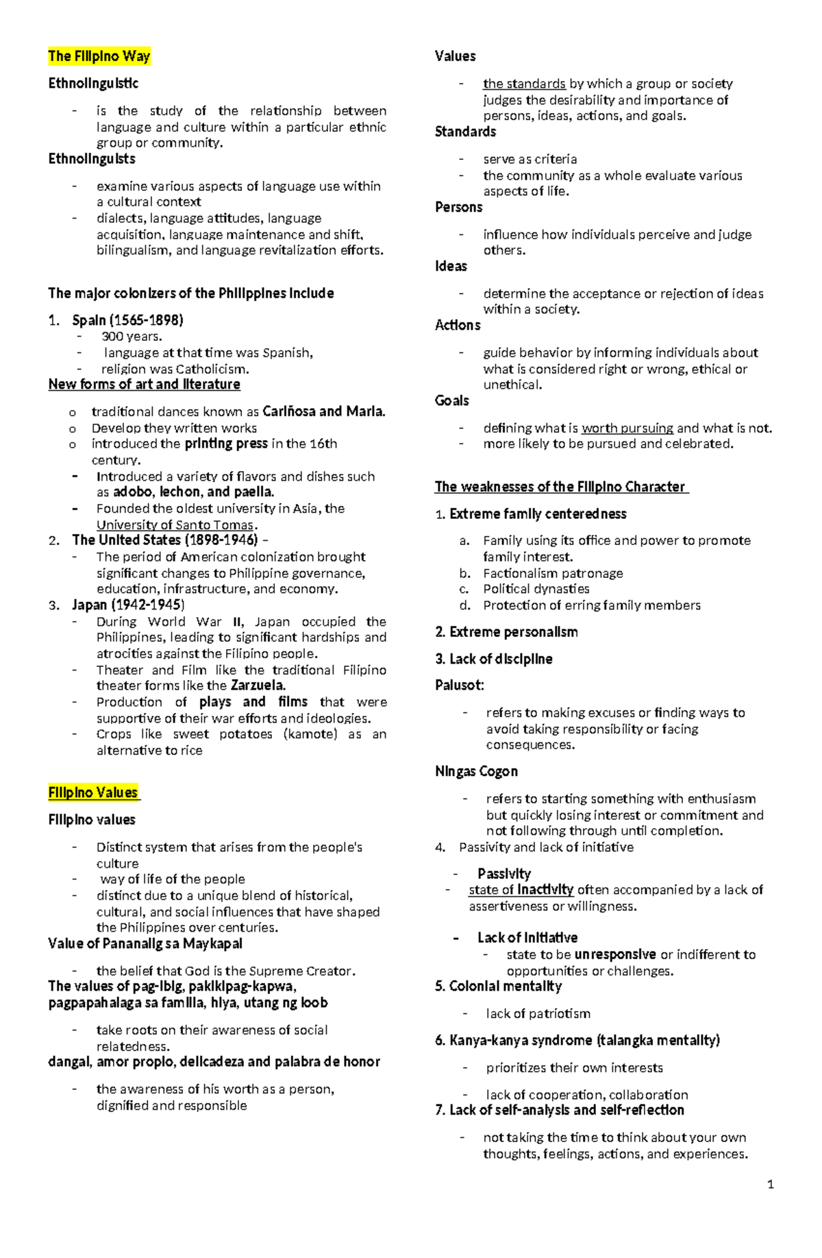 Ethics- Reviewer: Final Exam on Filipino Values & Character - Studocu