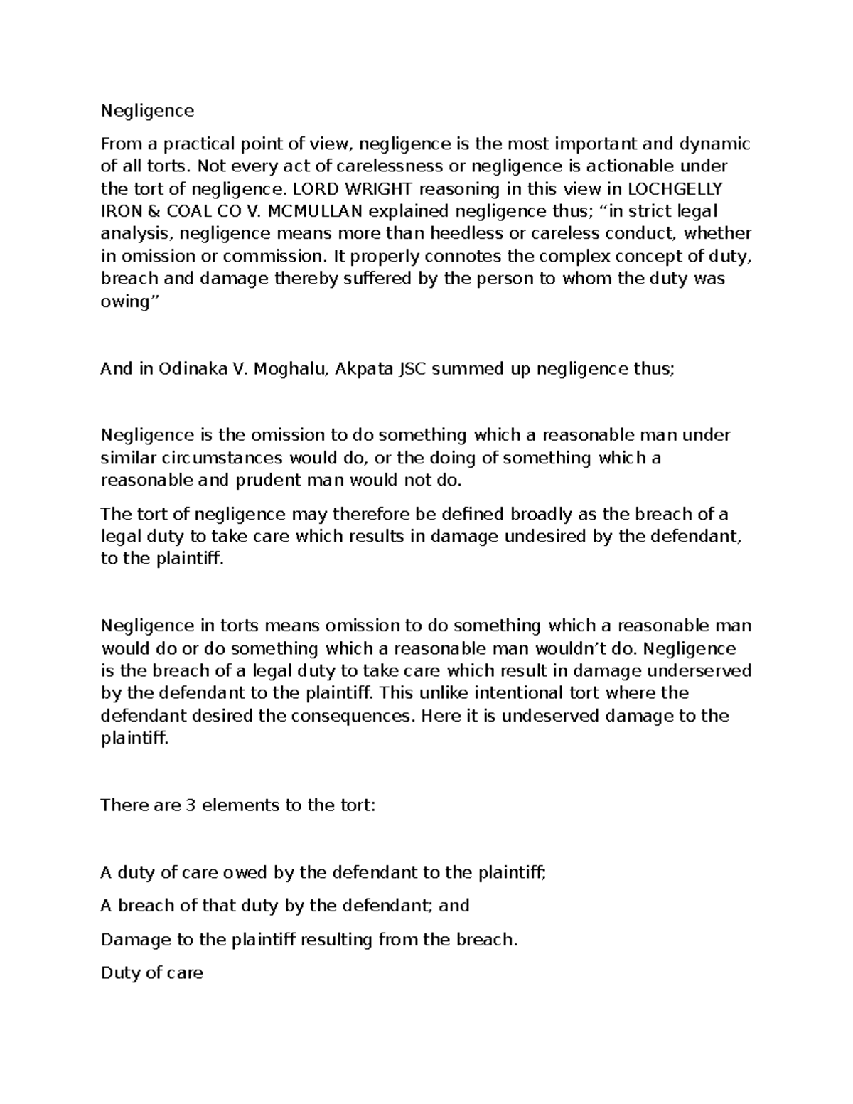 Negligence in Tort Law: Key Concepts and Case Studies - Lecture Note ...