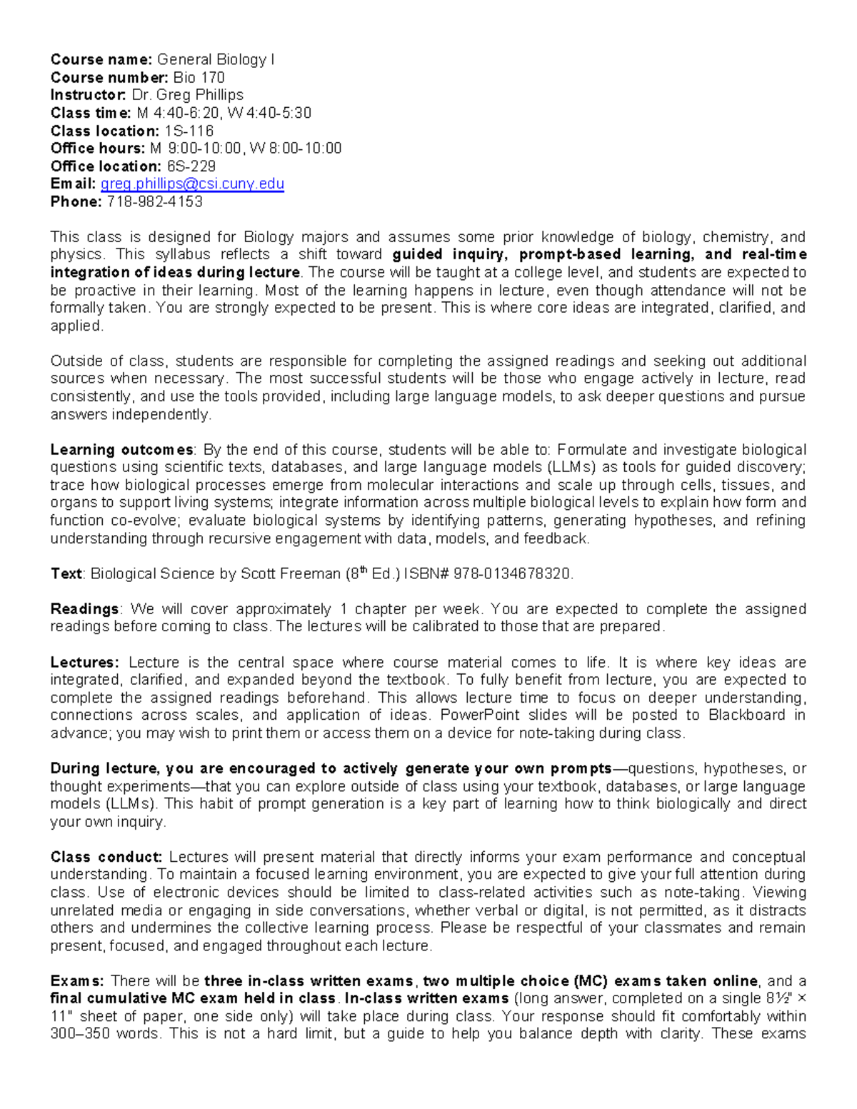BIO 170 Syllabus: General Biology I - Fall 2025 - Studocu