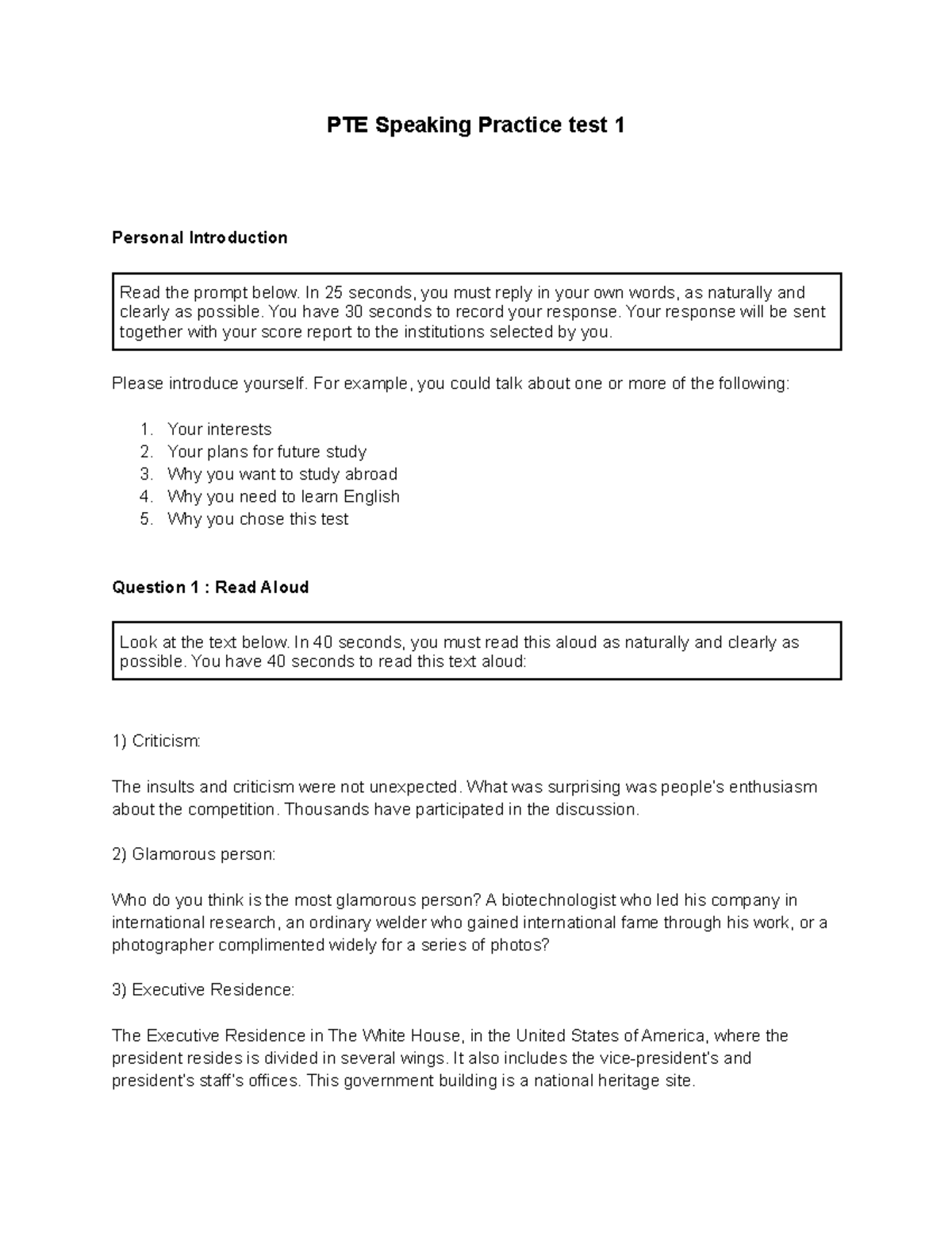 PTE Speaking Practice Test 1: Personal Introduction & Tasks - Studocu