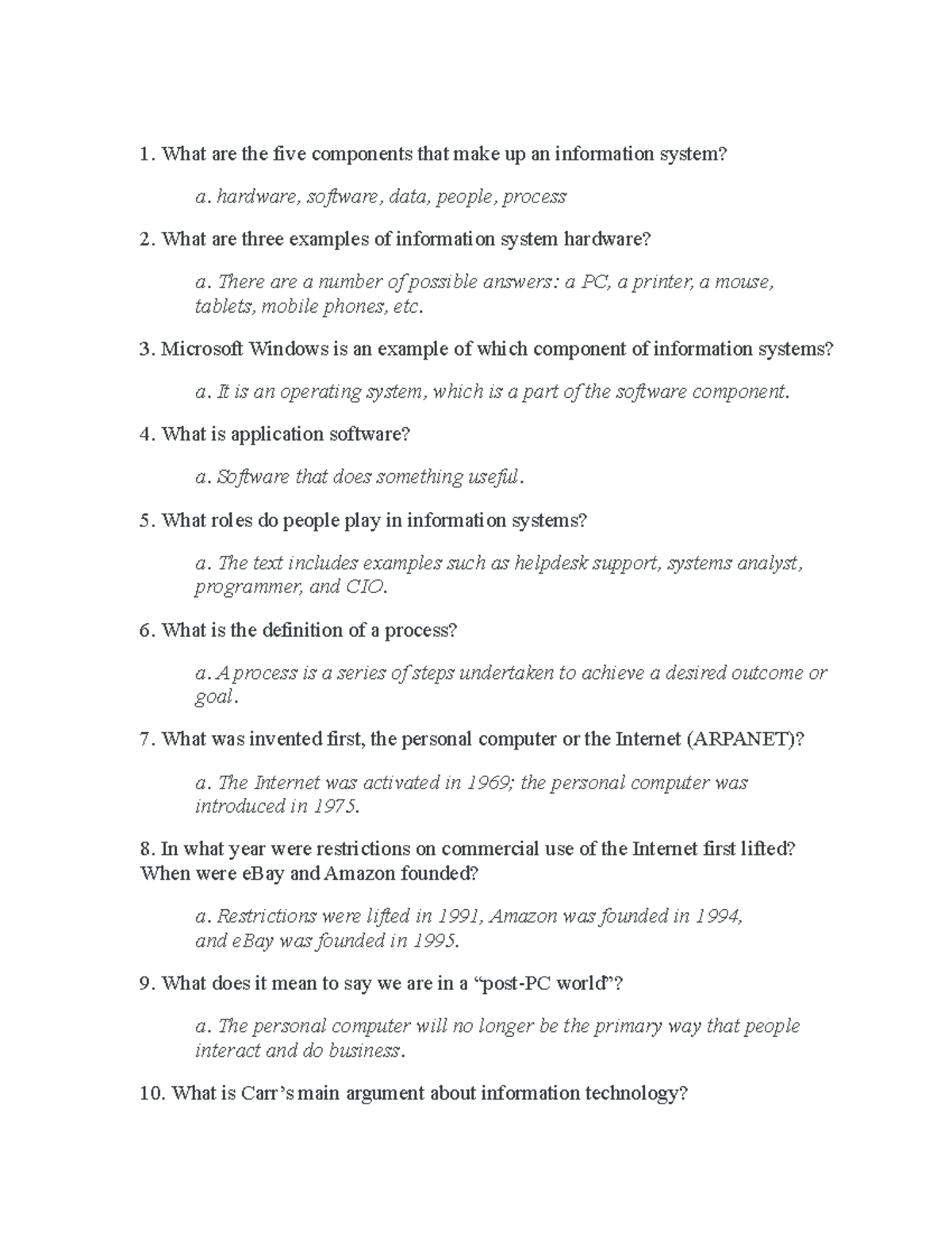 IS 101 - Quiz on Information Systems Components and History - Studocu