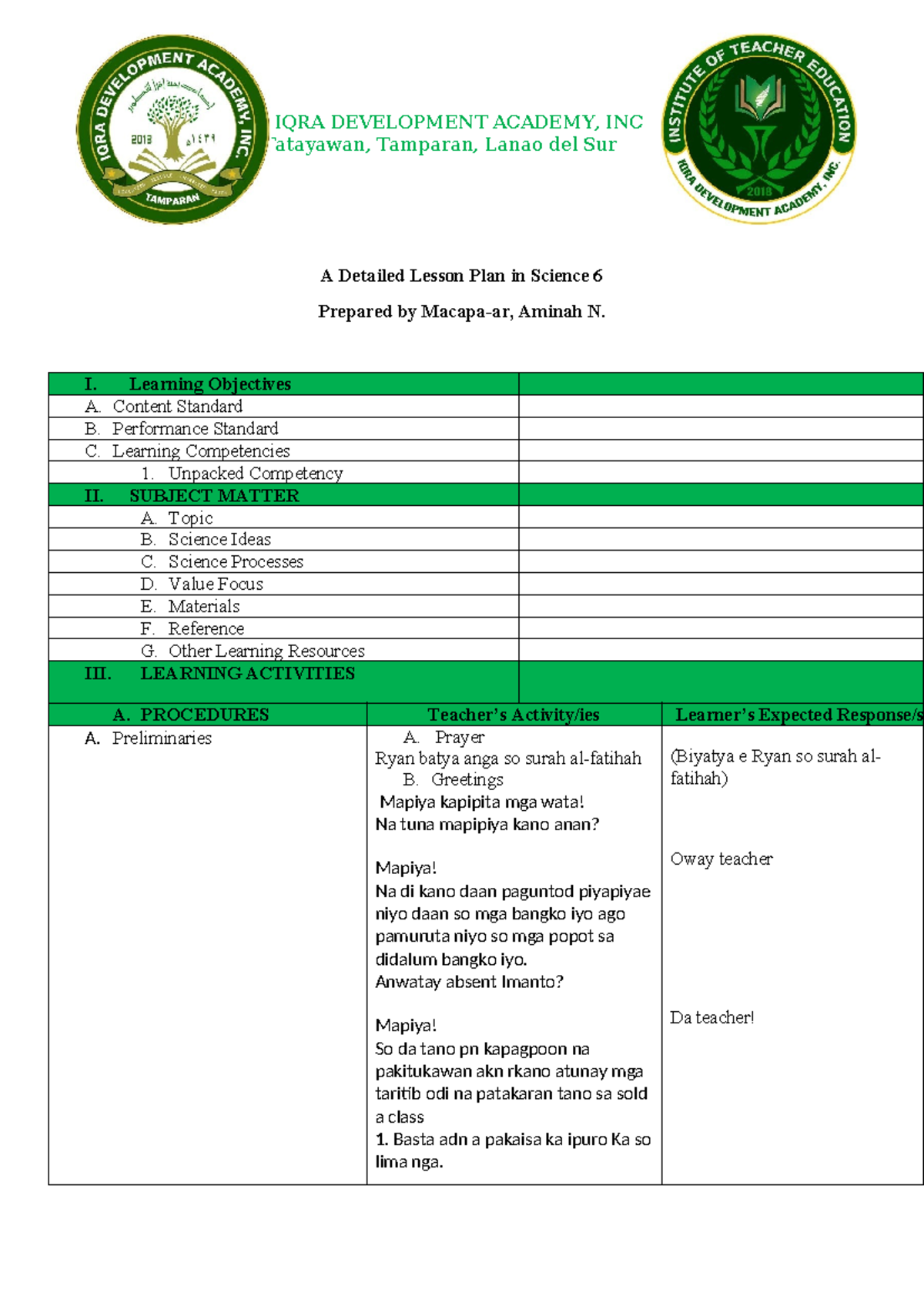 Science 6 Detailed Lesson Plan (DLP) by Aminah N. I. - Studocu