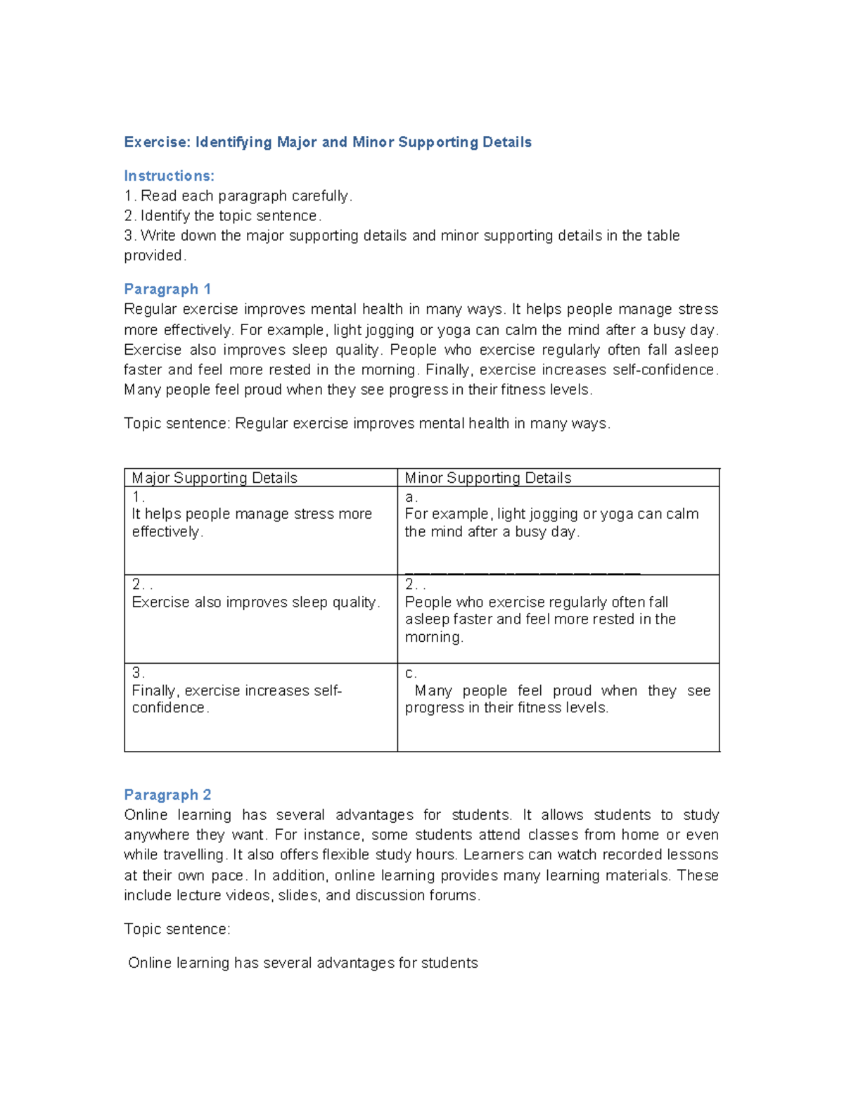 Identifying Major & Minor Supporting Details Exercise - Studocu