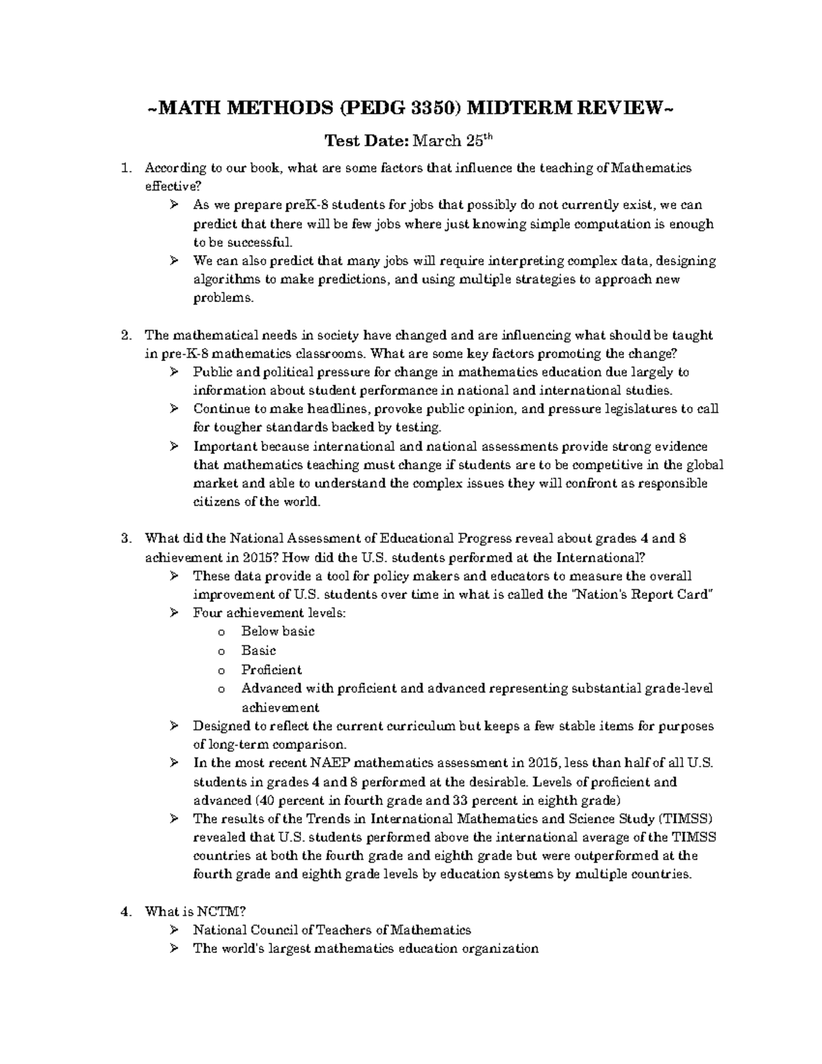 MATH Methods Midterm Review (PEDG 3350) - ~MATH METHODS( PEDG 3350)MI ...