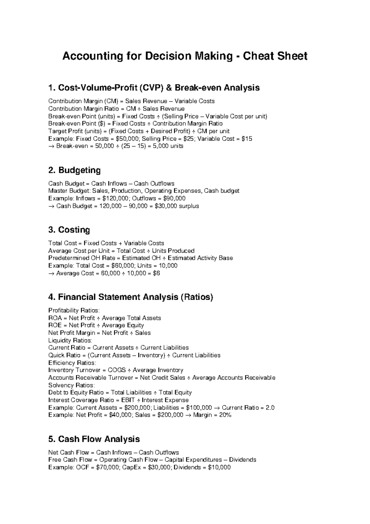 Accounting Cheat Sheet 1: CVP, Budgeting, Ratios & Cash Flow Analysis ...