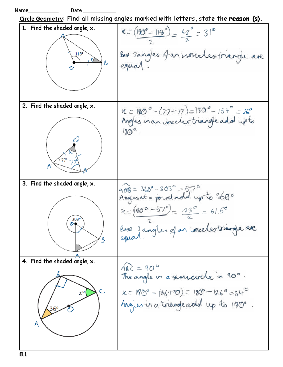 8.1 Circle theorems Solutions - CG 001 - Name___________ Date ...