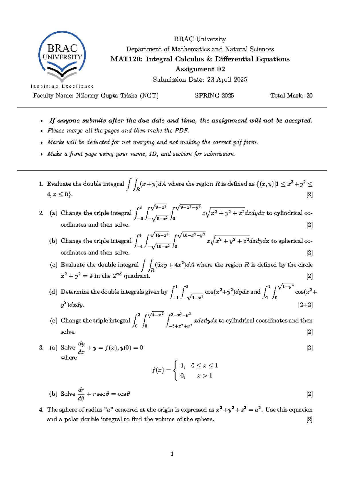 MAT120: Integral Calculus Assignment 02 - Spring 2025 Guidelines - Studocu