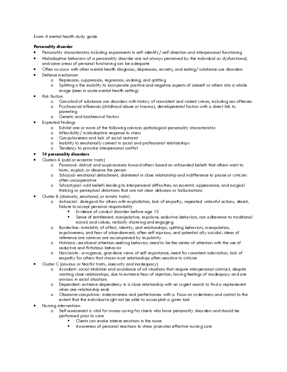Exam 4 Mental Health Study Guide: Personality & Developmental Disorders ...