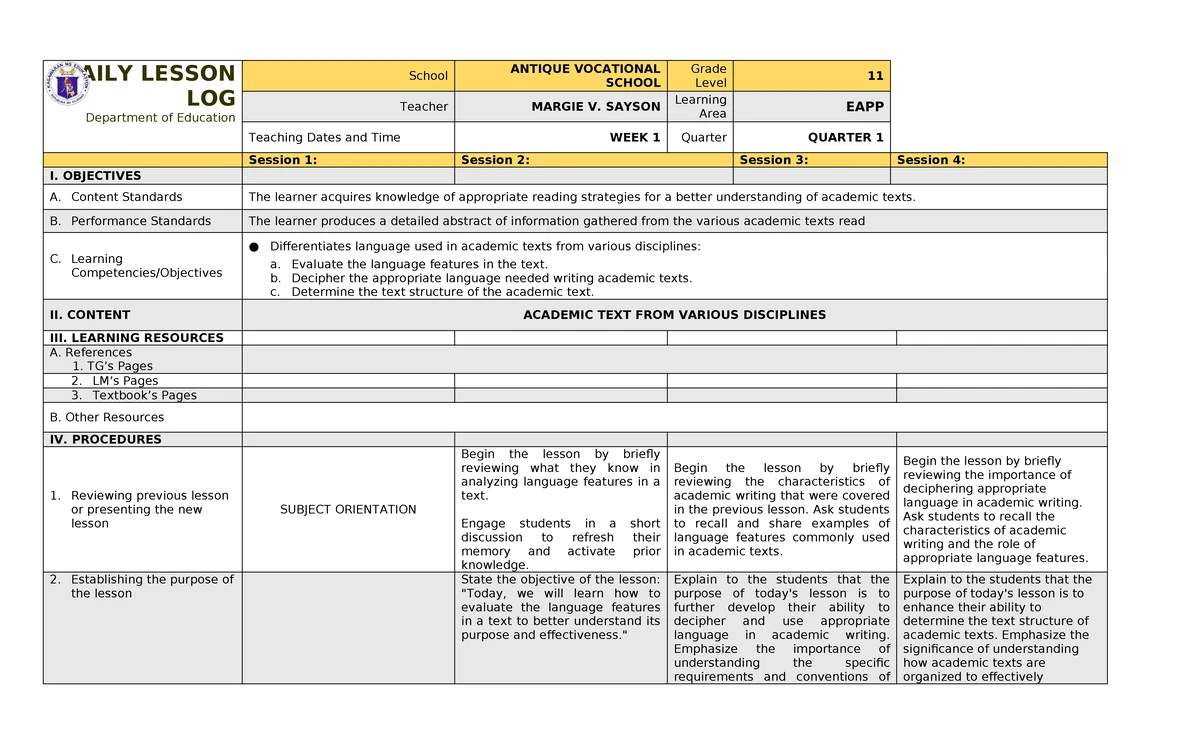 EAPP 11 Quarter 1 Week 2 Daily Lesson Log on Text Structure - Studocu