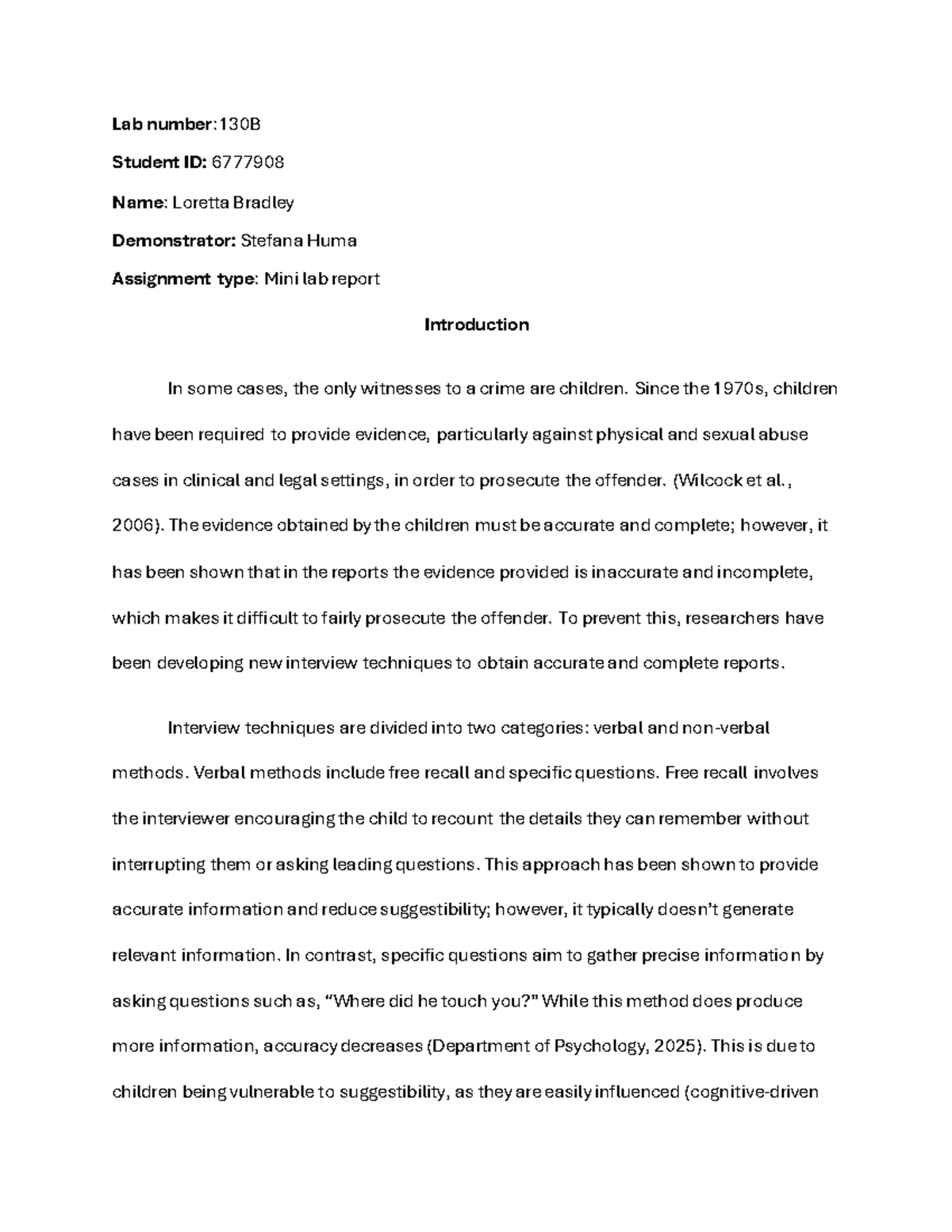 Final Mini Lab Report: Investigating Child Witness Testimony Techniques ...