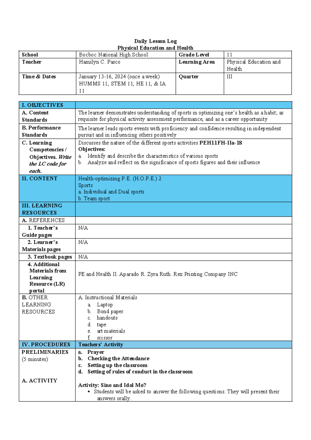 DLL PEH 11 WEEK 1 - Daily Lesson Log for Physical Education - Studocu