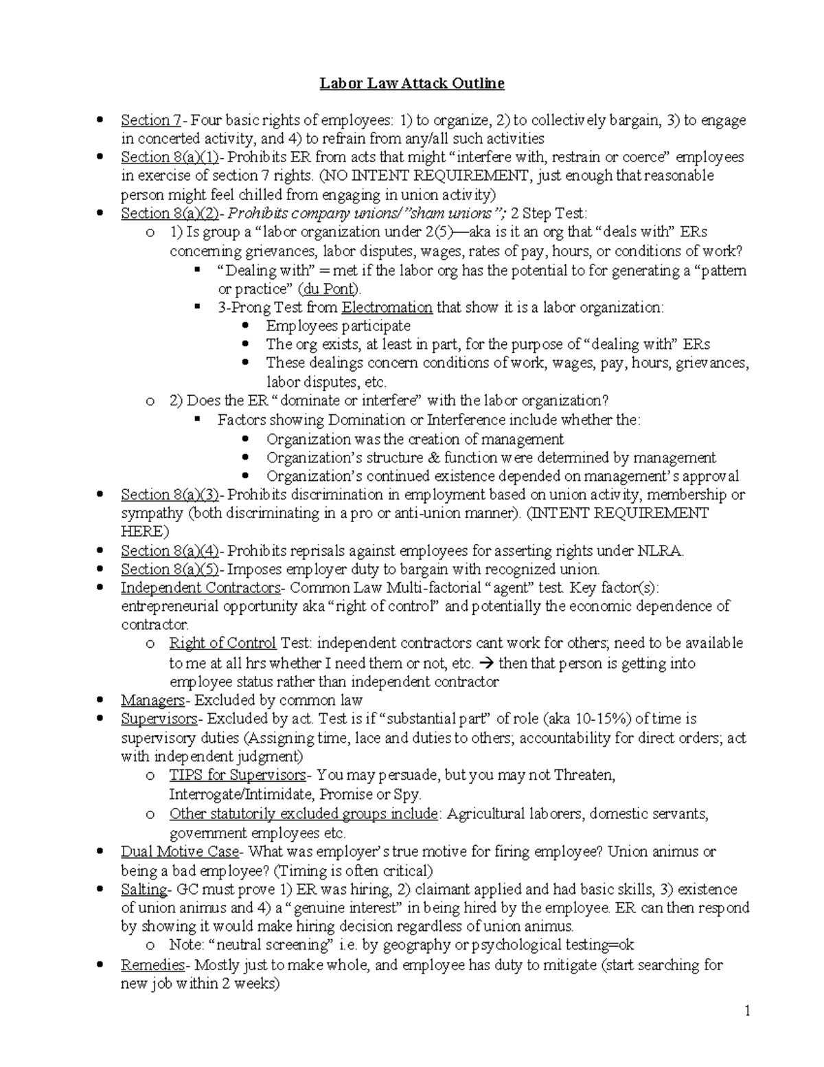 Attack Outline - Labor Law Attack Outline Section 7- Four basic rights ...