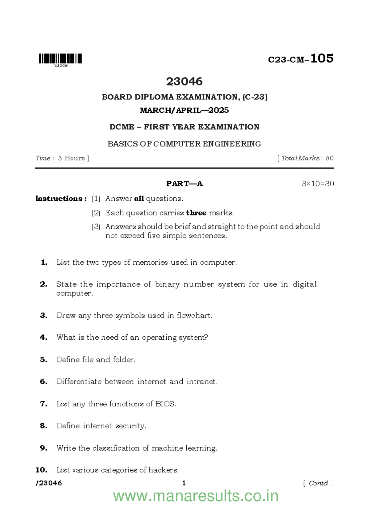 C23-CM-105042025 Board Diploma Exam: Basics of Computer Engineering ...