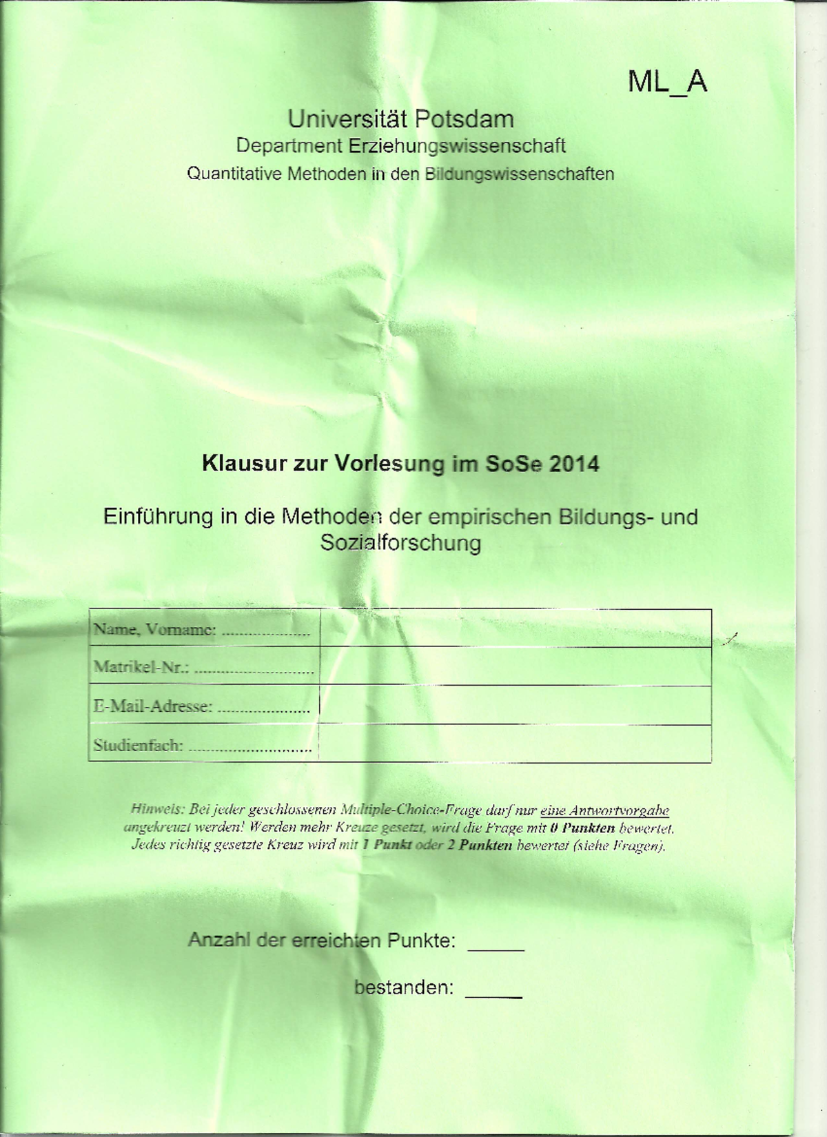 Klausur SoSe 2014: Fragen zur Einführung in Quantitative Methoden - Document Preview