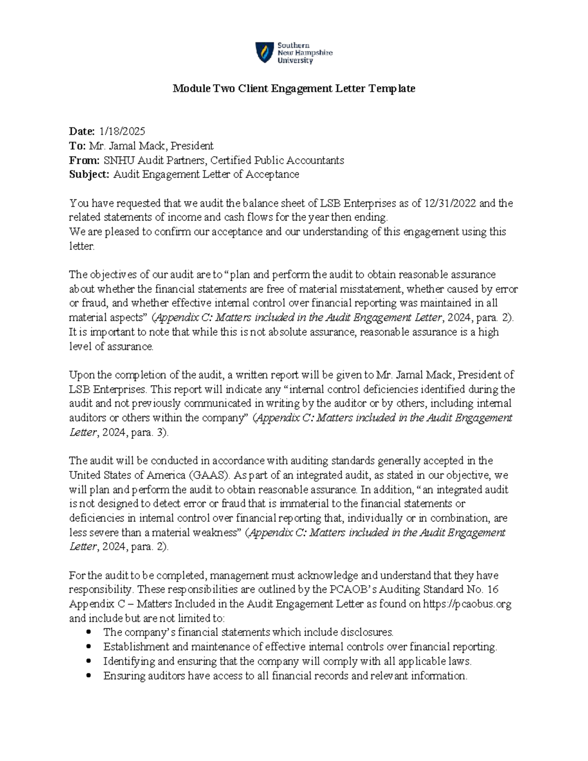 ACC 411 Module Two Client Engagement Letter Audit Template - Studocu
