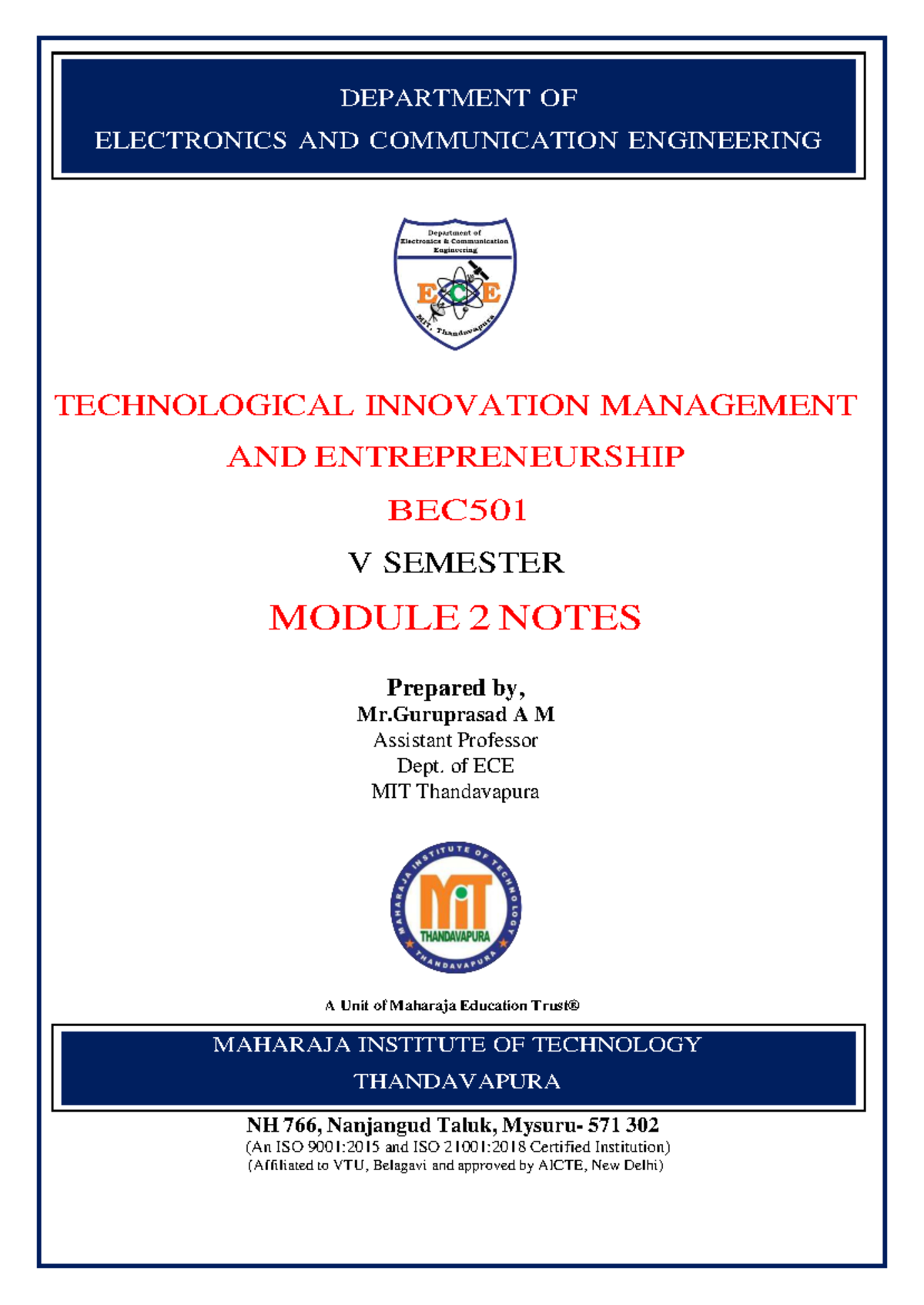 BEC501 V Sem Module 2: Technological Innovation Management Notes - Studocu