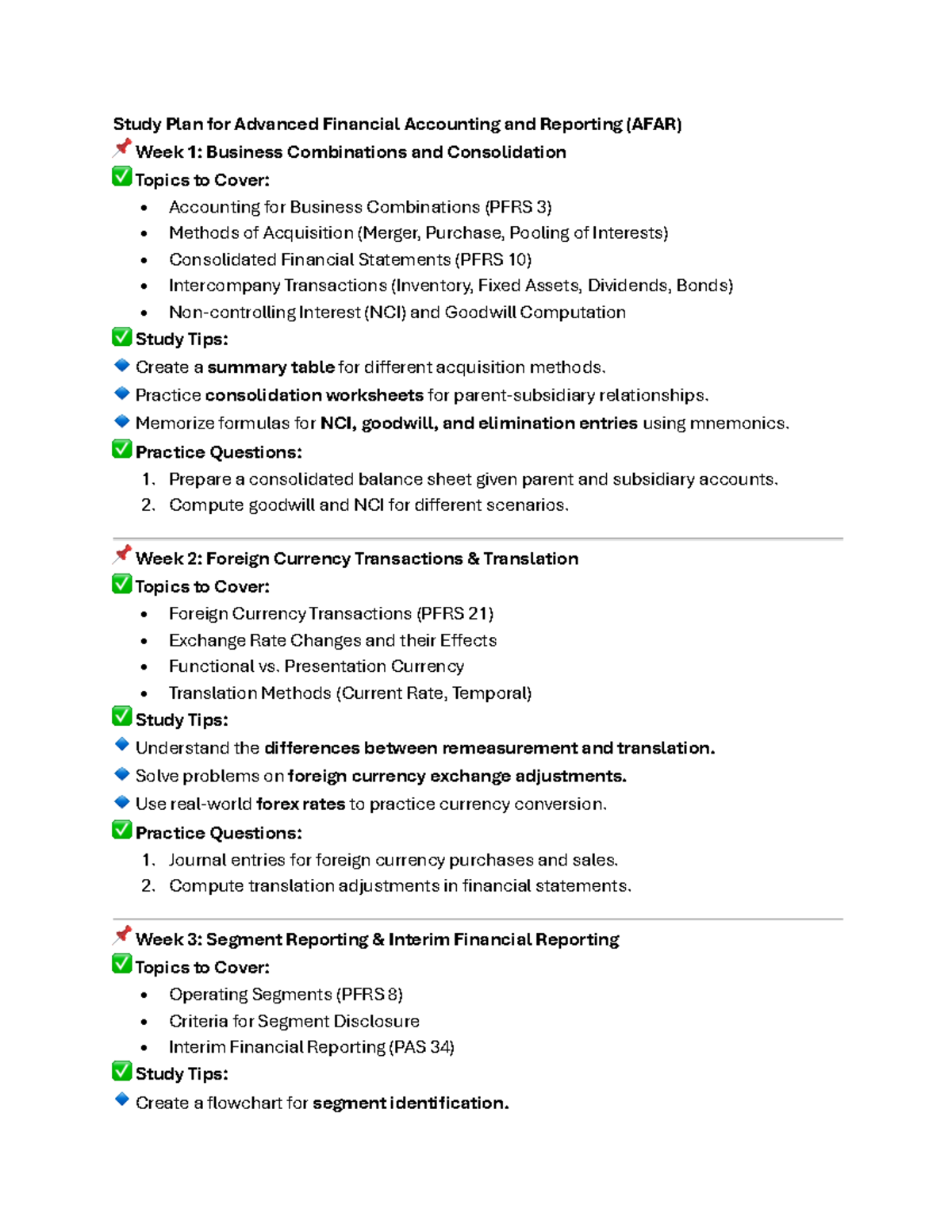 AFAR Study Plan - Study Plan for Advanced Financial Accounting and ...