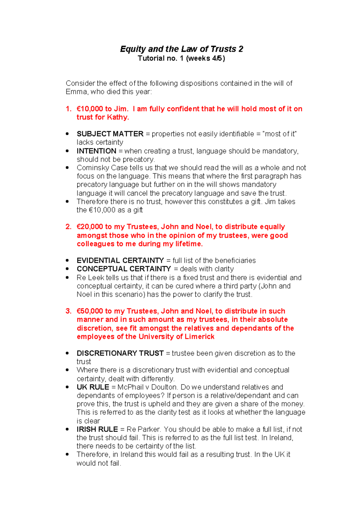 Equity and the Law of Trusts 2: Tutorial 1 Analysis of Emma's Will ...