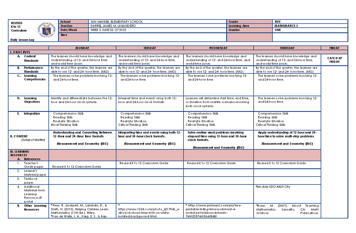 Mathematics 5 Daily Lesson Log (DLL) - Week 2, Q1 2025 - Studocu