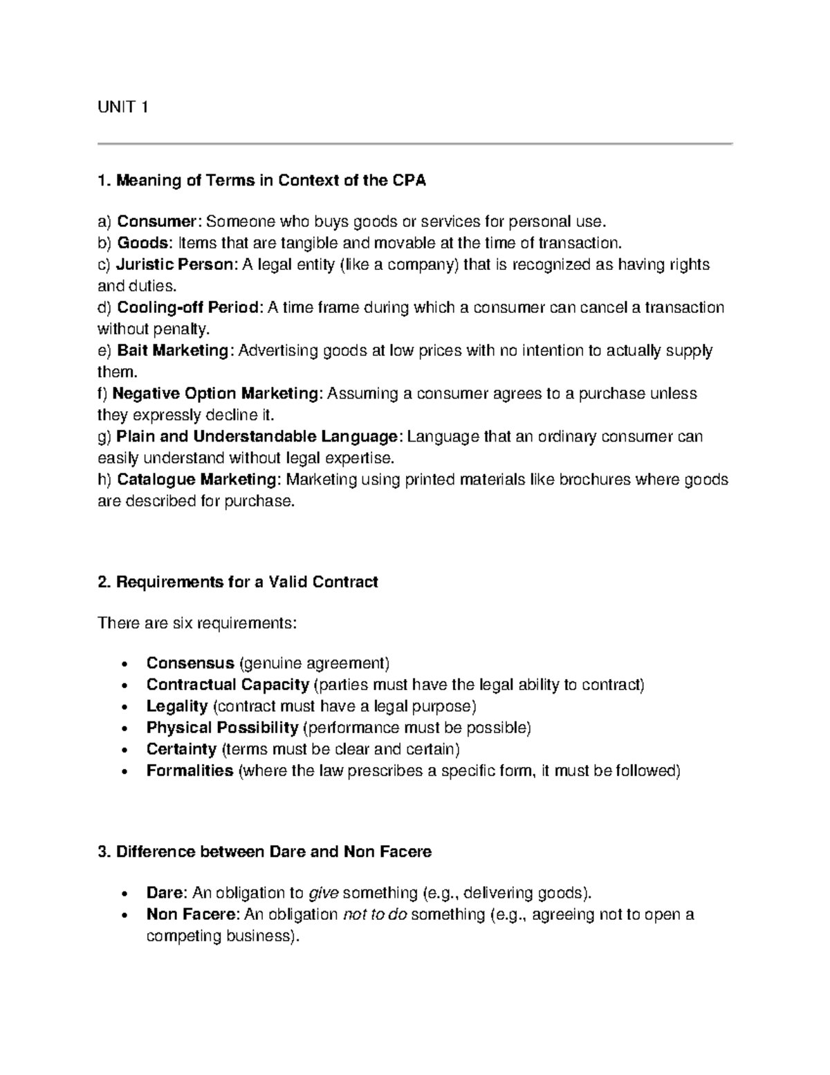 Contract Short Questions: Key Concepts and Theories in CPA (Unit 1, 3 ...