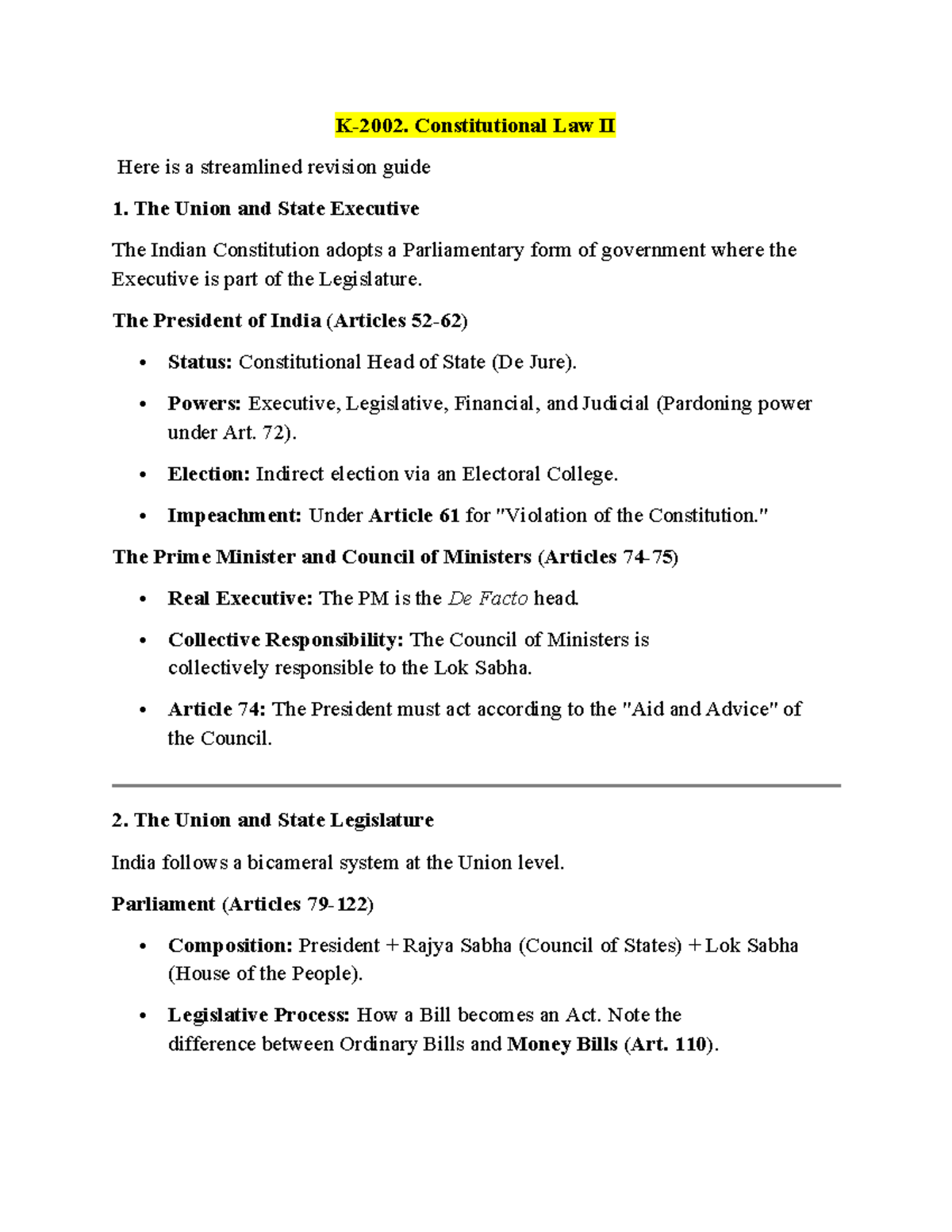 Constitutional Law II: Comprehensive Revision Notes K-2002 - Studocu