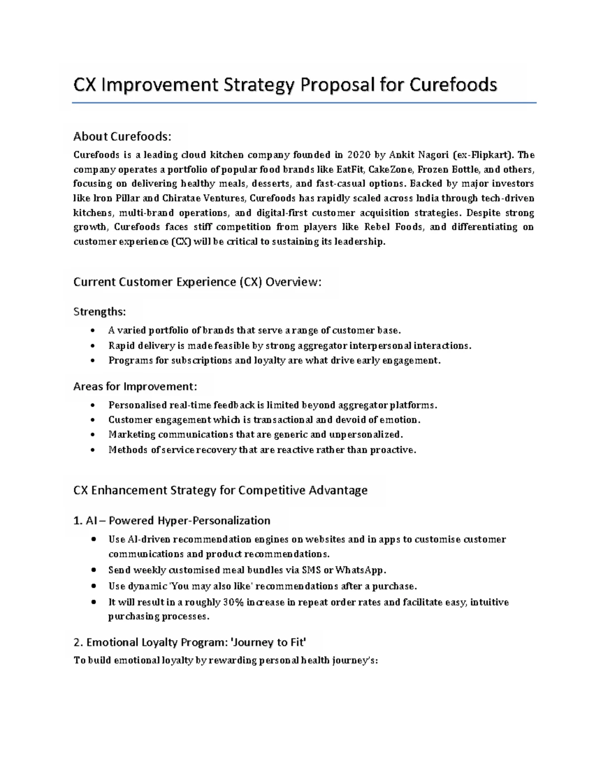 CX Improvement Strategy Proposal for Curefoods - ASSIGNMENT - Studocu