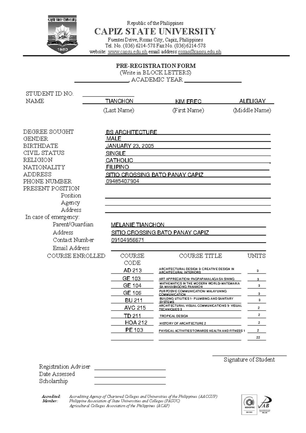 Pre-Registration Form - Academic Year - Capiz State University - Studocu