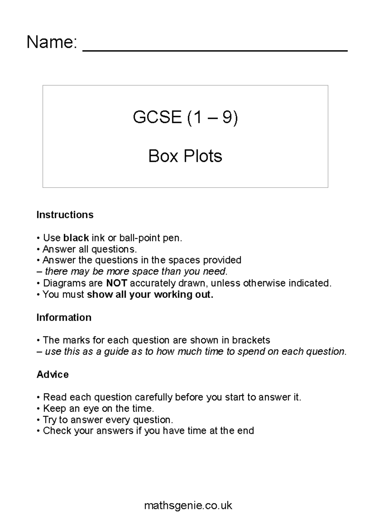 GCSE (1 9) Box Plots: Instructions & Examples for Practice - Studocu