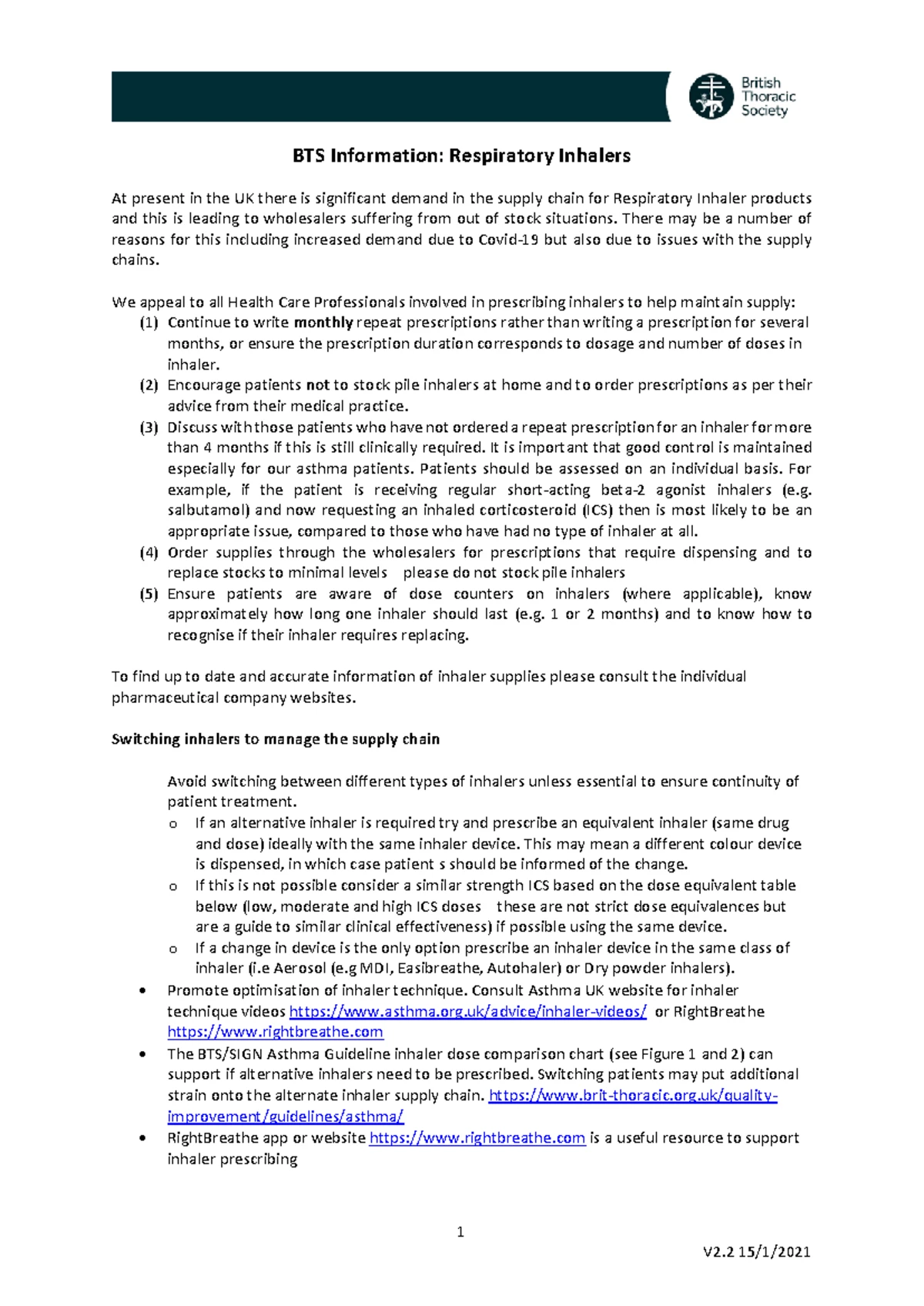 BTS SIGN 158 Asthma Management Guidelines Quick Reference 2019 - Studocu