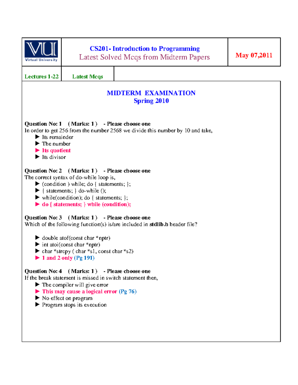 CS201 - Midterm Solved MCQs from Programming Lectures - Studocu