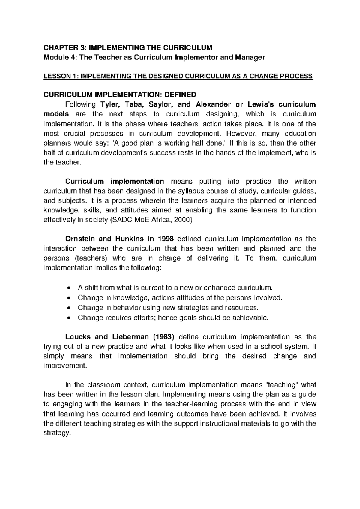 CHAPTER 3: CURRICULUM IMPLEMENTATION AS A CHANGE PROCESS - Studocu
