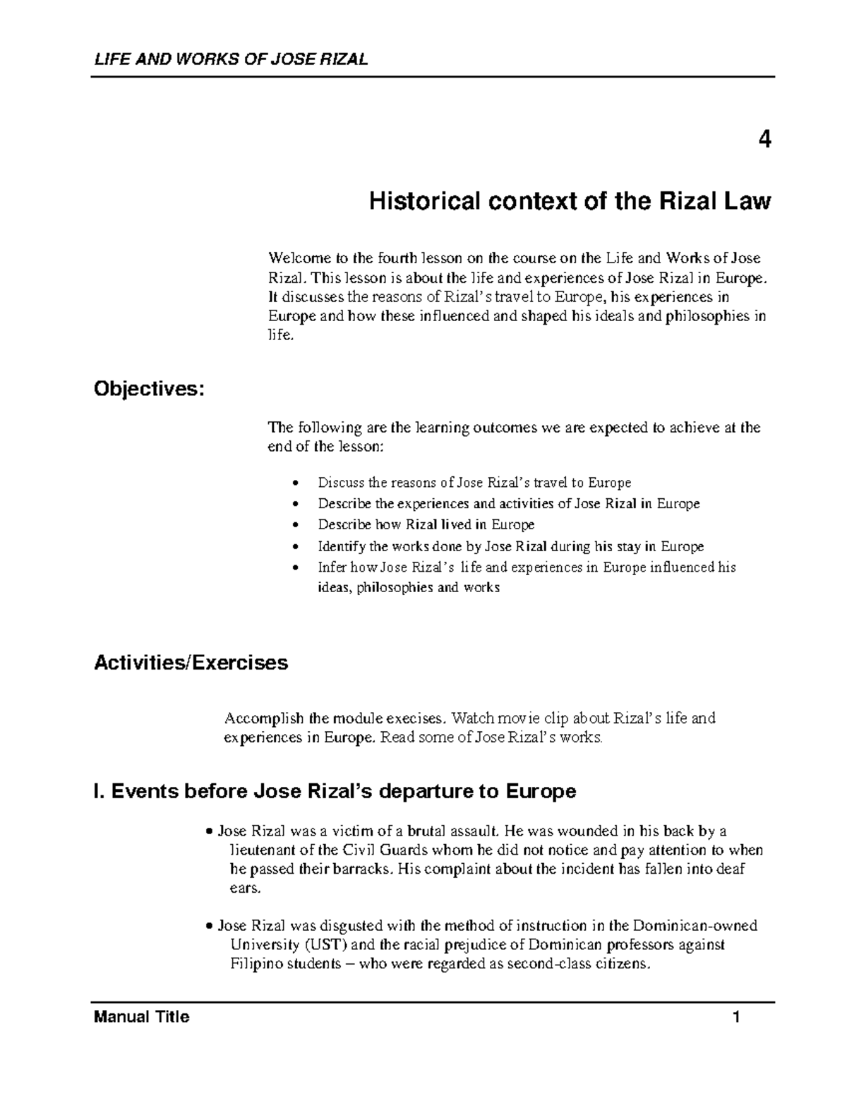 Lesson 4: Jose Rizal's Life in Europe (1882-1887) and Its Impact - Studocu