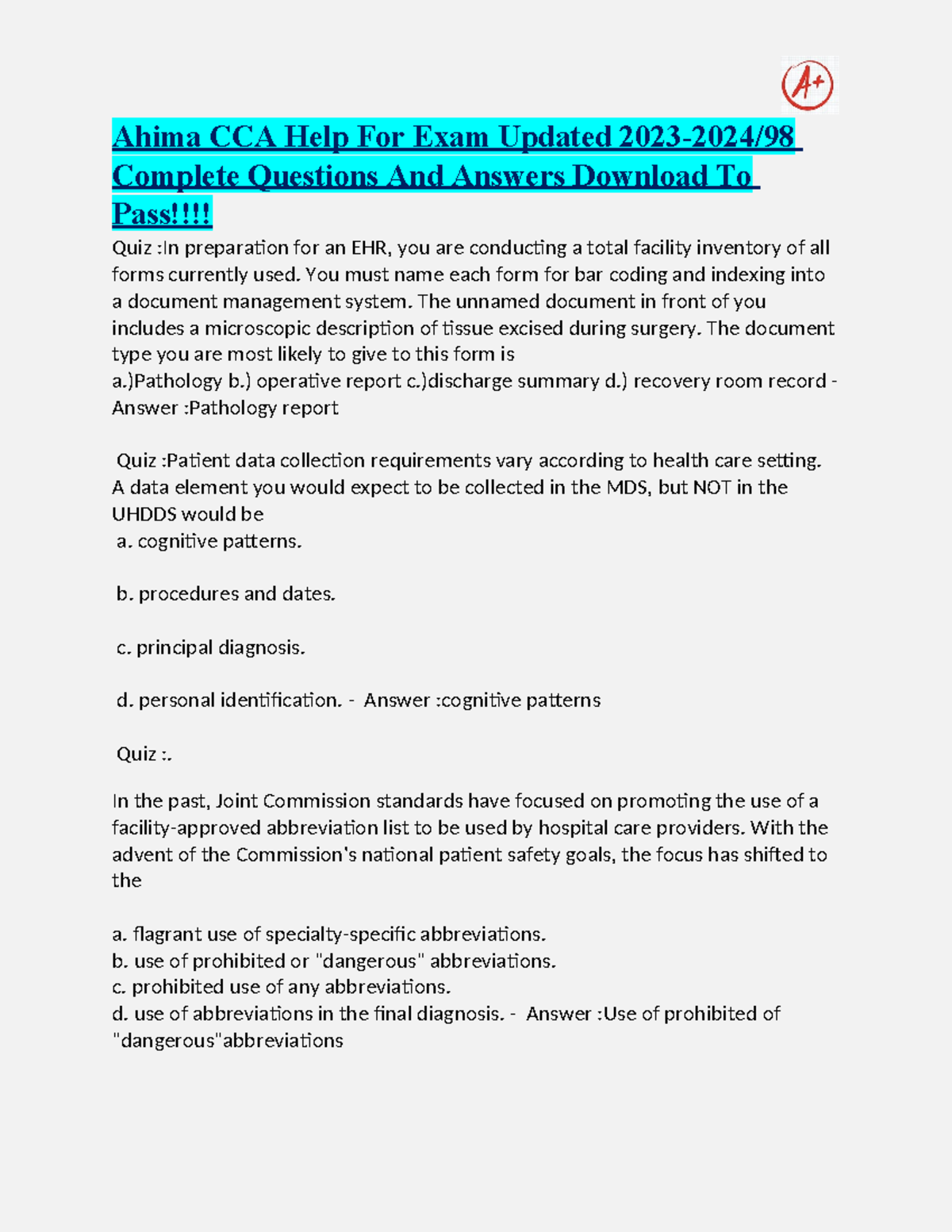 Ahima CCA Exam Quiz Review: Questions & Answers for 2023-2024 - Studocu