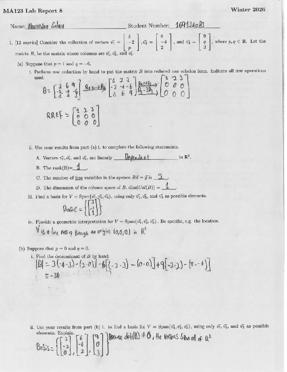MA123 Lab 8: Vector Spaces and MATLAB Analysis - Studocu