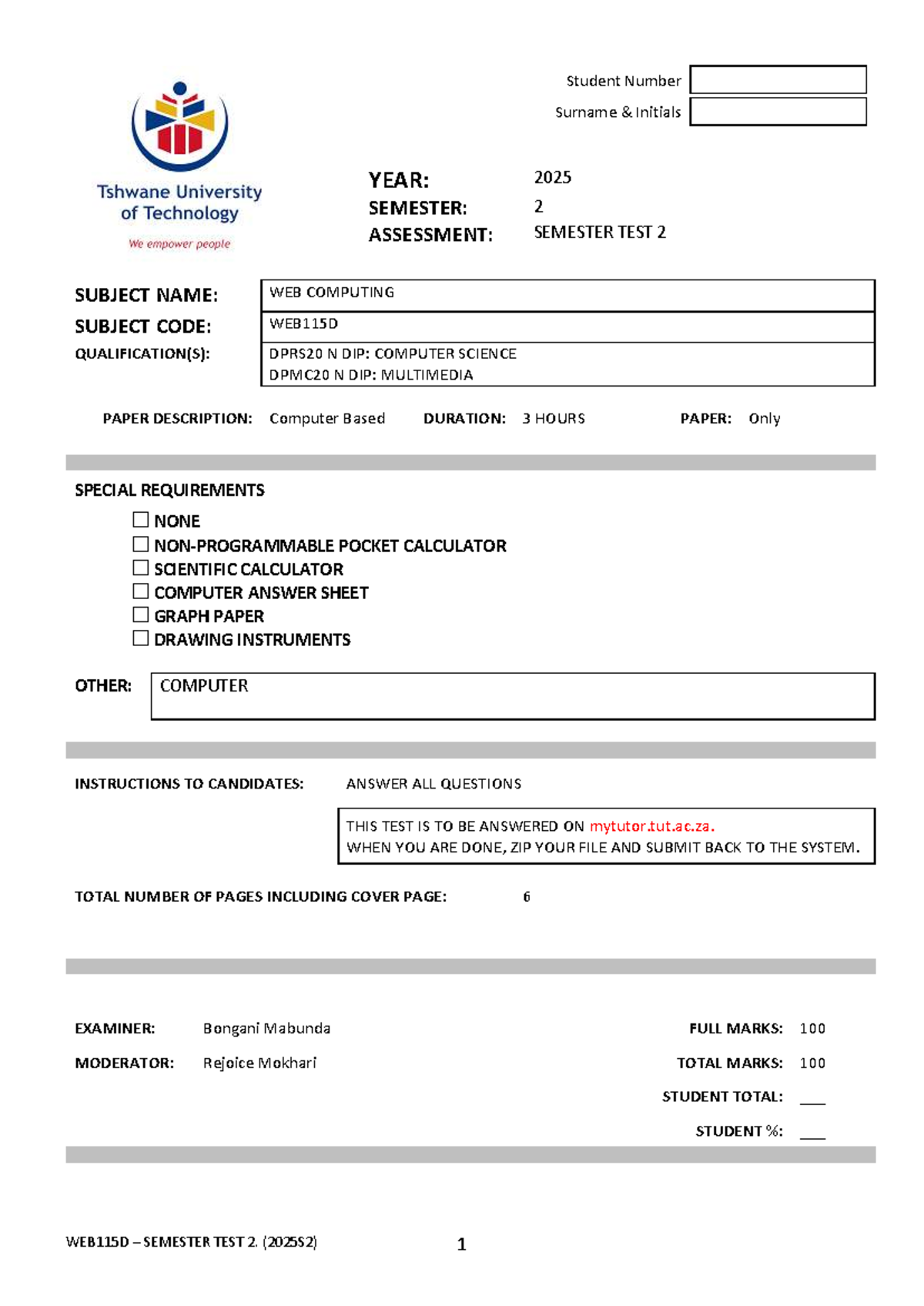 WEB115D Semester Test 2 Study Guide (2025S2) - Studocu